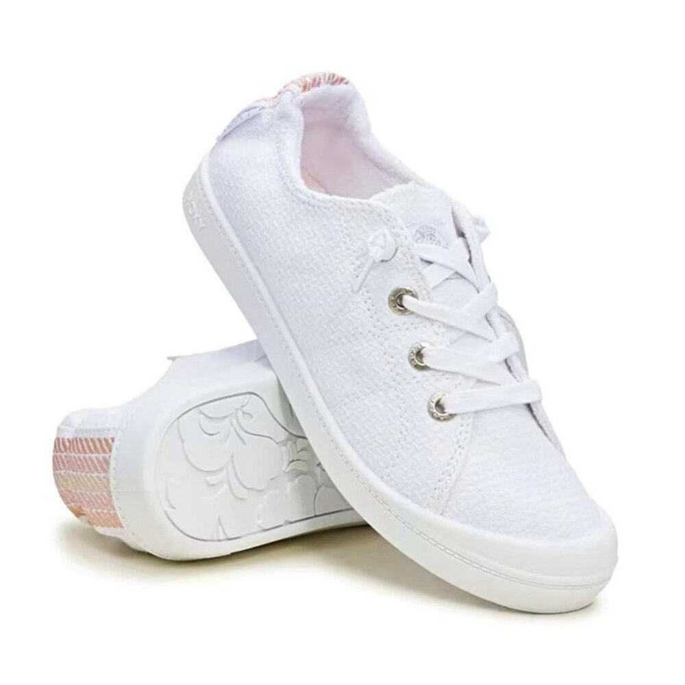 Roxy White Canvas Low-Top Sneakers with Pale Pink Heel Accent
